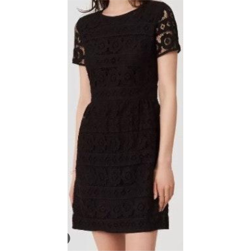 LOFT Black Lace Dress Size 2 Short Sleeve Lined‎ Party Cocktail